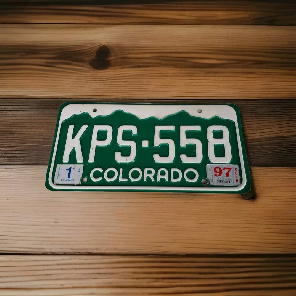 1997 Colorado License Plate KPS558 Green Mountains White Sky Man Cave Bar Garage